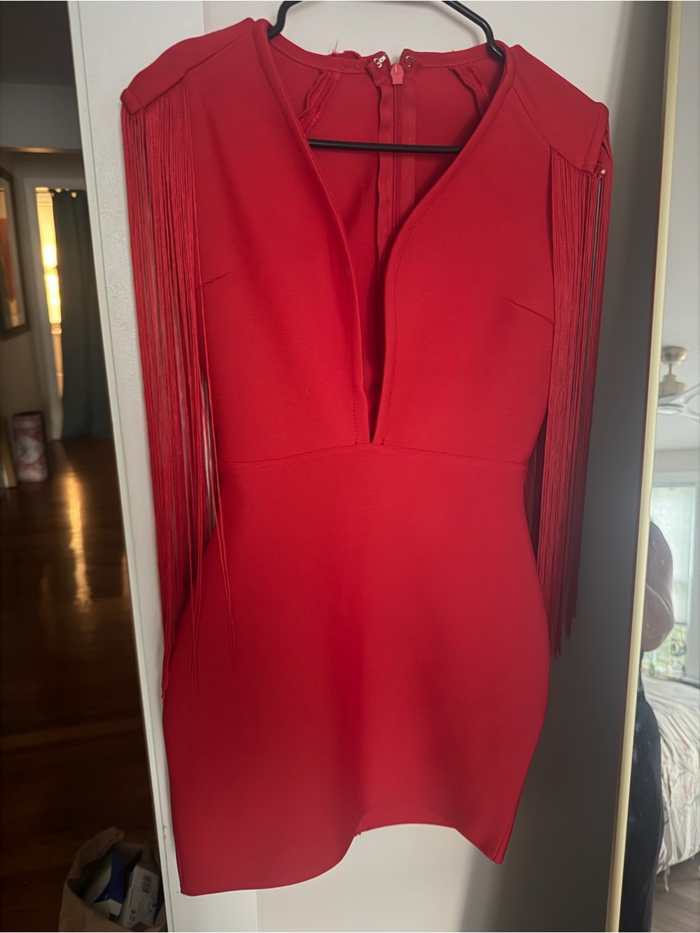Red Fringe Mini Dress with Deep V - Unbranded